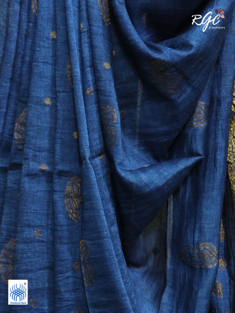Greenish Blue Paisley Design Organic Linen Benarasi Saree - Image 6