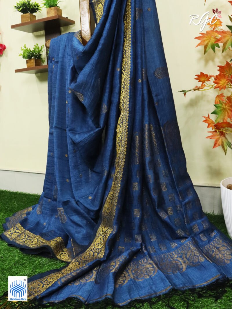 Greenish Blue Paisley Design Organic Linen Benarasi Saree - Image 8