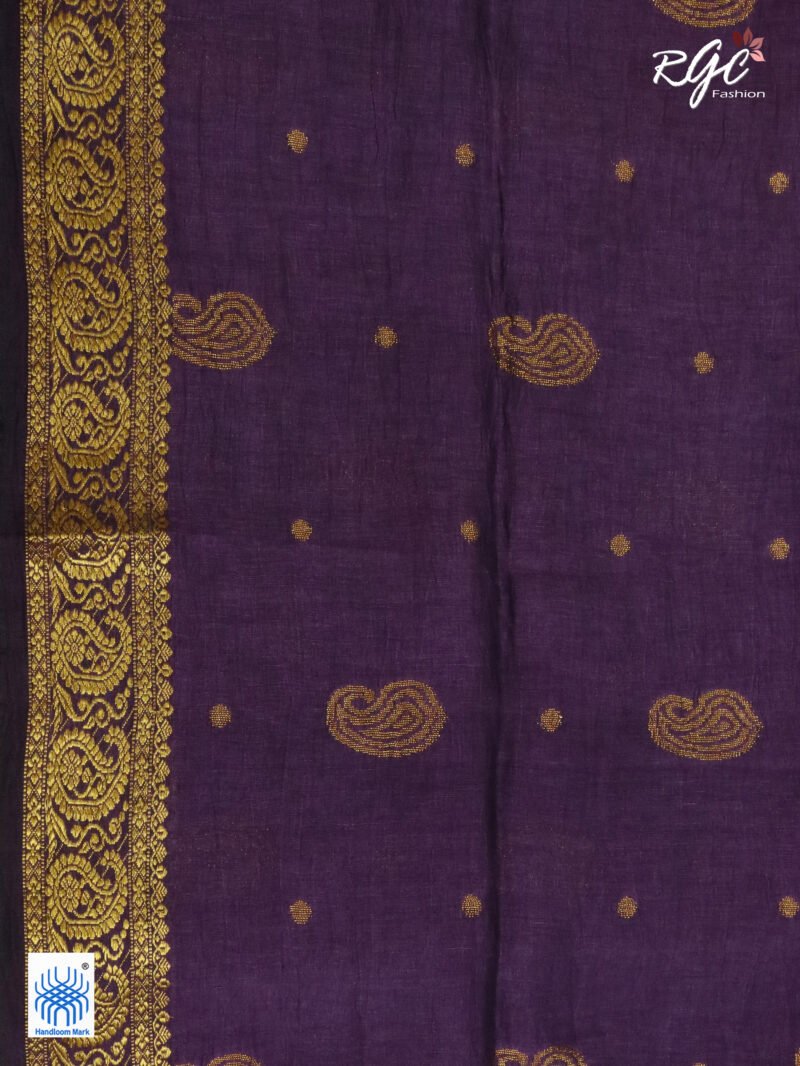 Dark Purple Paisley Design Organic Linen Benarasi Saree - Image 9