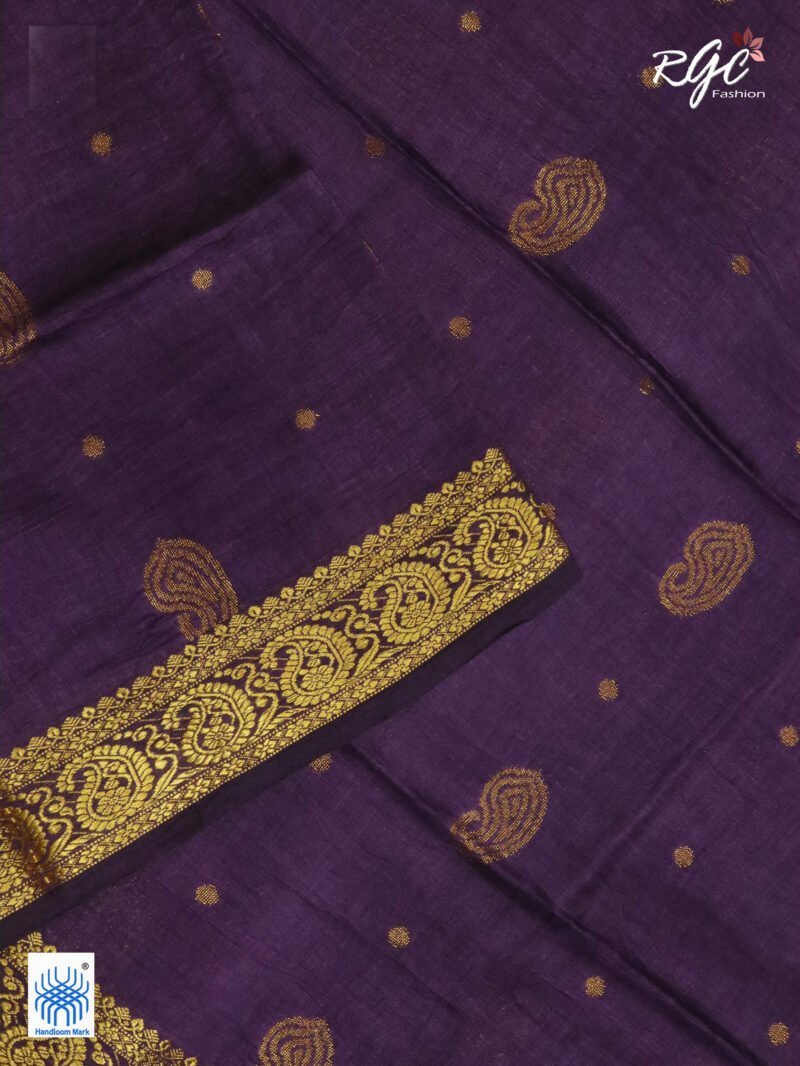 Dark Purple Paisley Design Organic Linen Benarasi Saree - Image 5