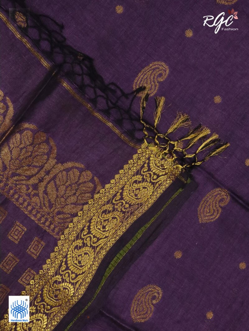 Dark Purple Paisley Design Organic Linen Benarasi Saree - Image 10