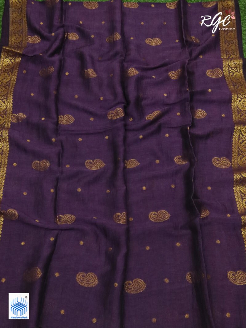 Dark Purple Paisley Design Organic Linen Benarasi Saree - Image 4