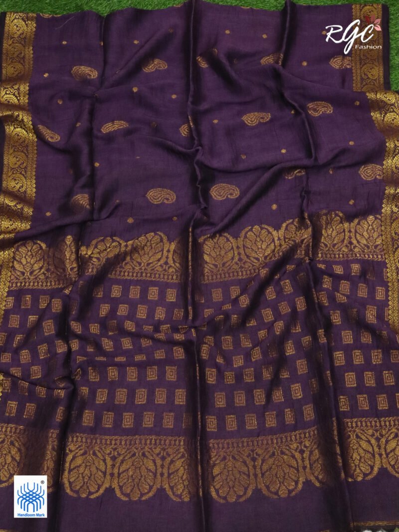 Dark Purple Paisley Design Organic Linen Benarasi Saree - Image 7