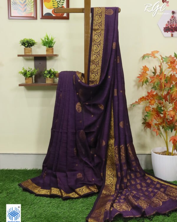 Dark Purple Paisley Design Organic Linen Benarasi Saree
