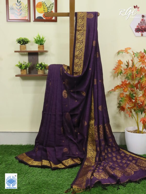 Dark Purple Paisley Design Organic Linen Benarasi Saree