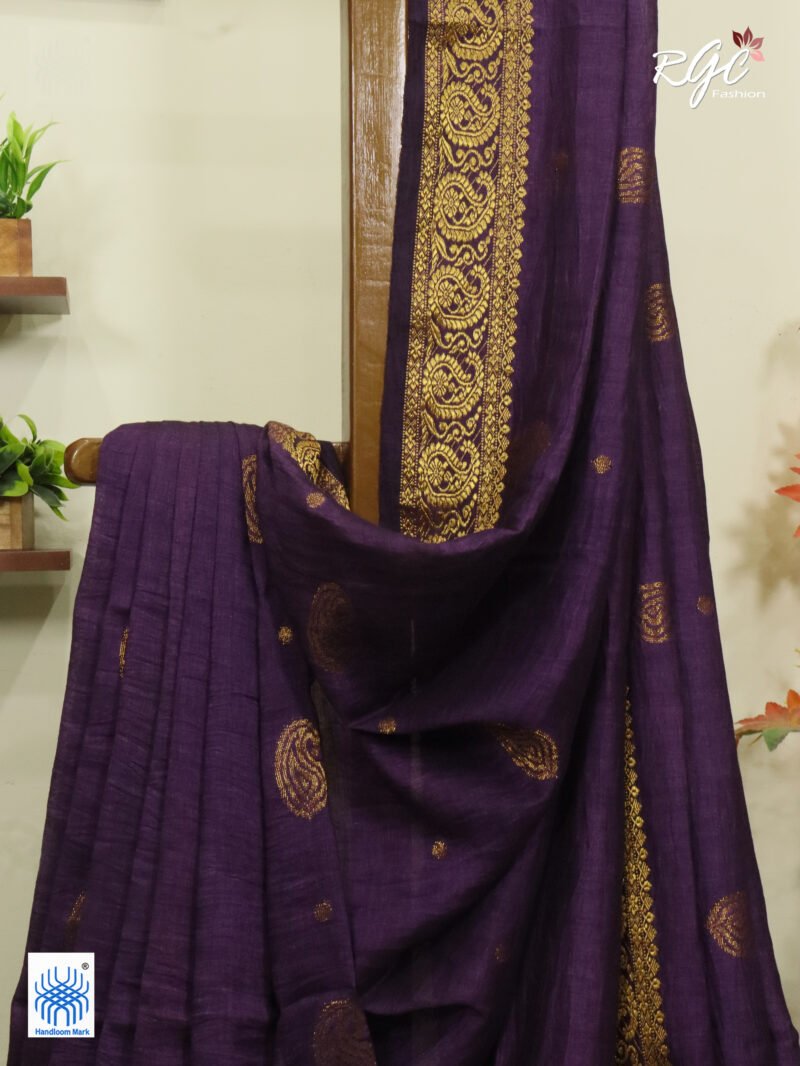 Dark Purple Paisley Design Organic Linen Benarasi Saree - Image 2