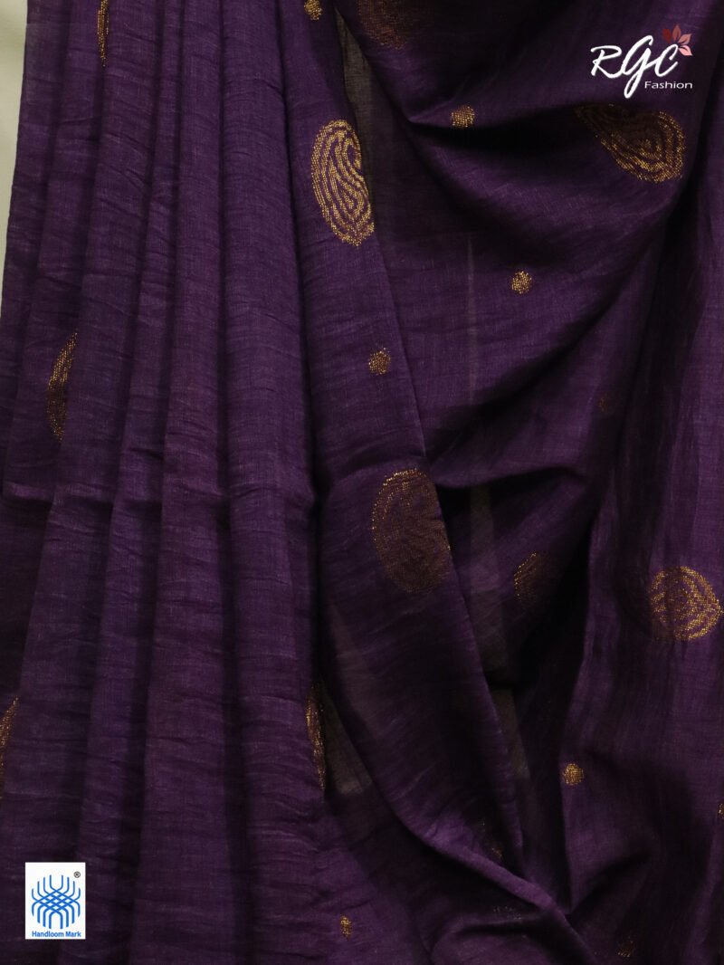 Dark Purple Paisley Design Organic Linen Benarasi Saree - Image 8