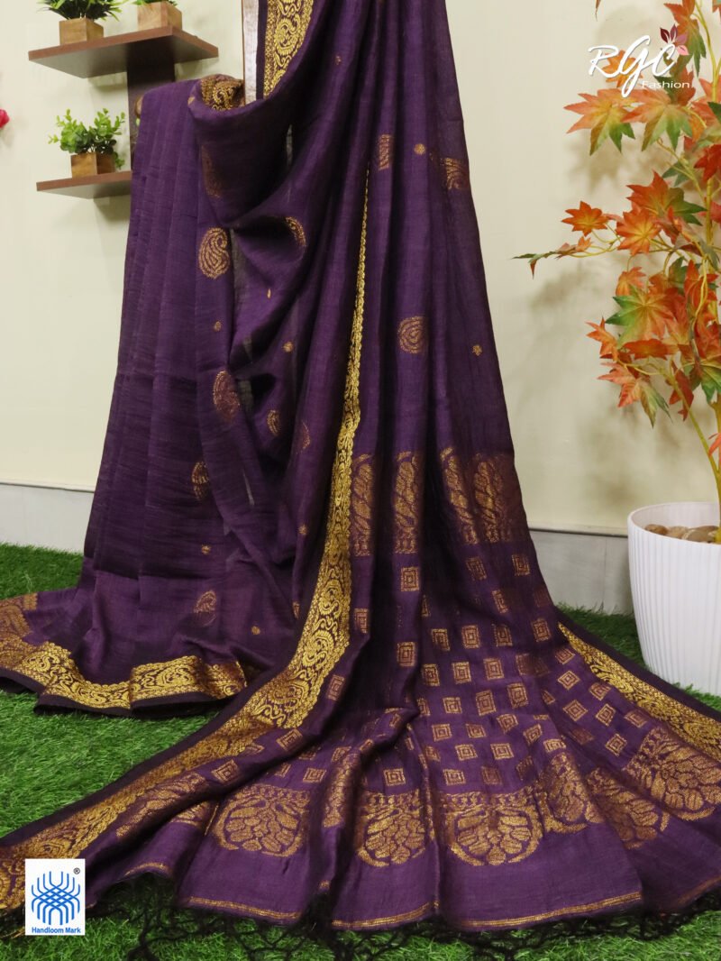 Dark Purple Paisley Design Organic Linen Benarasi Saree - Image 6