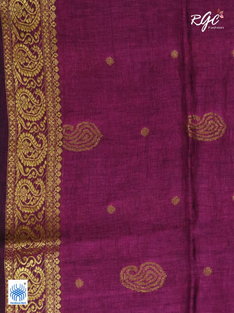 Beetroot Paisley Design Organic Linen Benarasi Saree - Image 10