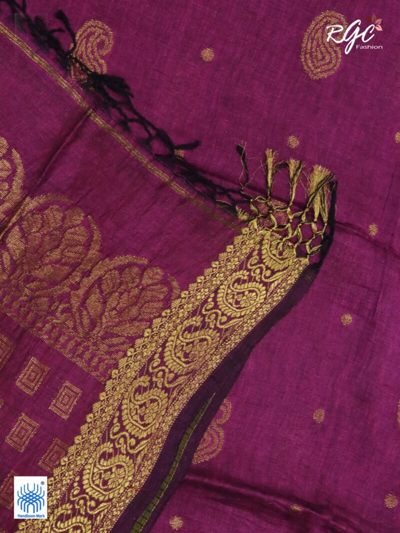Beetroot Paisley Design Organic Linen Benarasi Saree - Image 8