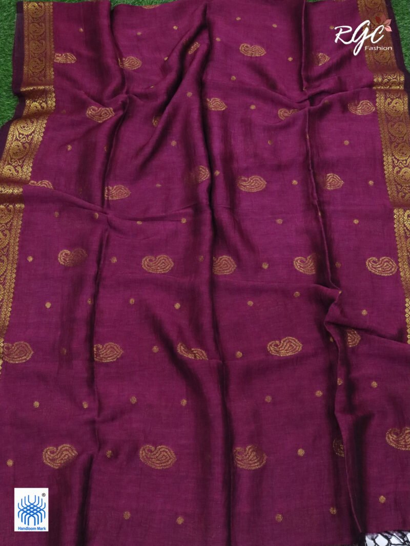 Beetroot Paisley Design Organic Linen Benarasi Saree - Image 6