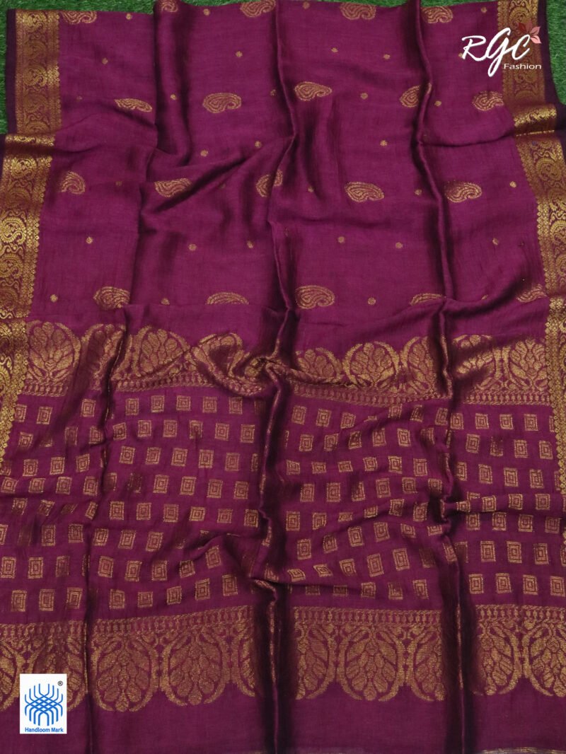 Beetroot Paisley Design Organic Linen Benarasi Saree - Image 5