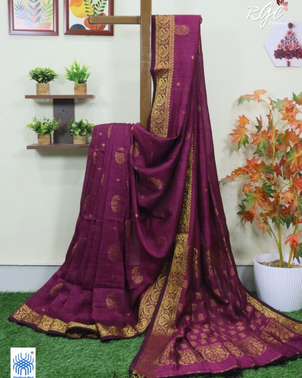 Beetroot Paisley Design Organic Linen Benarasi Saree