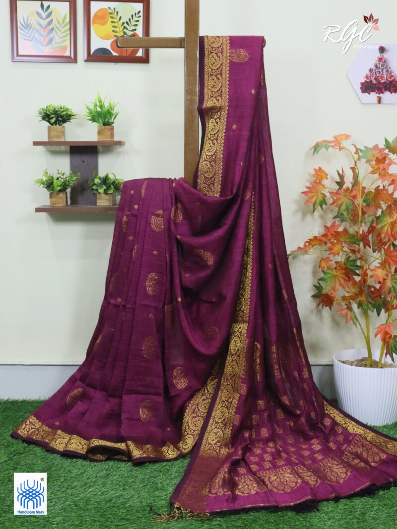 Beetroot Paisley Design Organic Linen Benarasi Saree