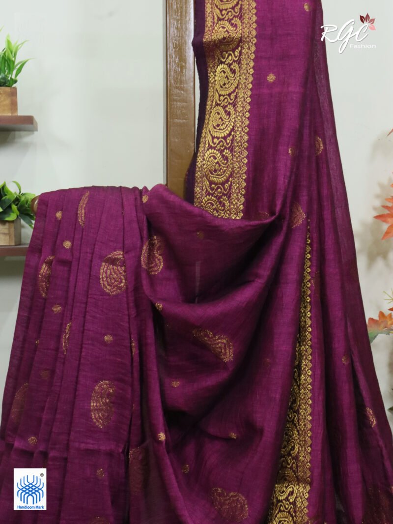 Beetroot Paisley Design Organic Linen Benarasi Saree - Image 7