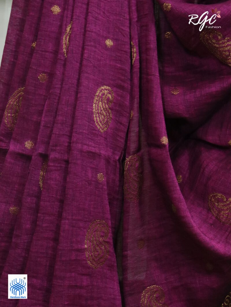 Beetroot Paisley Design Organic Linen Benarasi Saree - Image 4