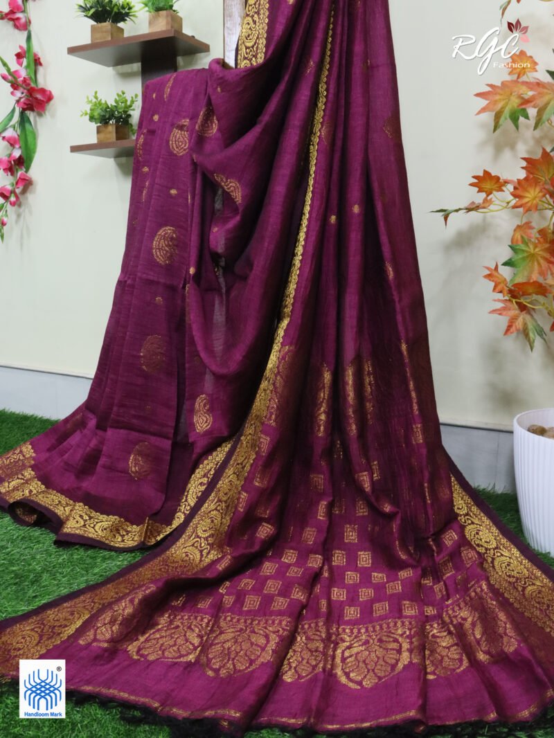 Beetroot Paisley Design Organic Linen Benarasi Saree - Image 2