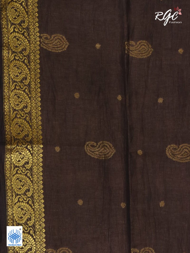 Chocolate Paisley Design Organic Linen Benarasi Saree - Image 10