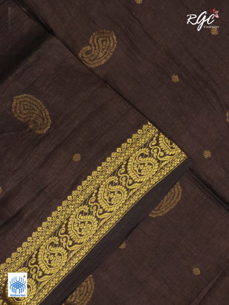 Chocolate Paisley Design Organic Linen Benarasi Saree - Image 9