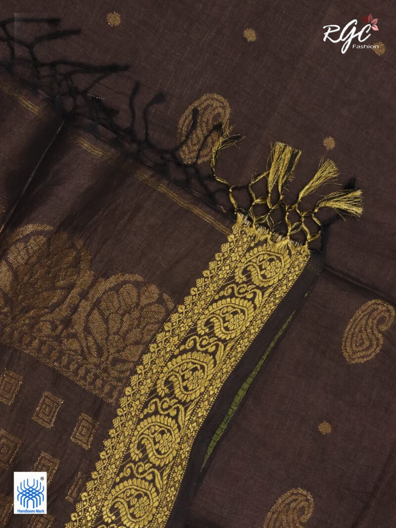 Chocolate Paisley Design Organic Linen Benarasi Saree - Image 8