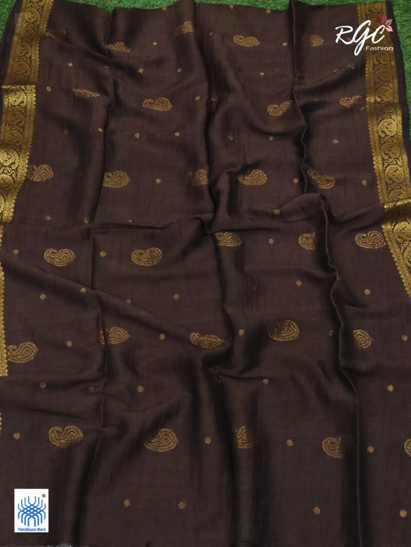 Chocolate Paisley Design Organic Linen Benarasi Saree - Image 3