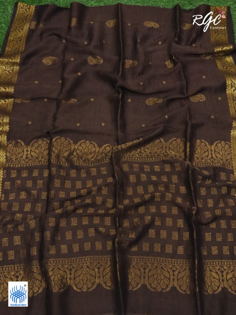 Chocolate Paisley Design Organic Linen Benarasi Saree - Image 2