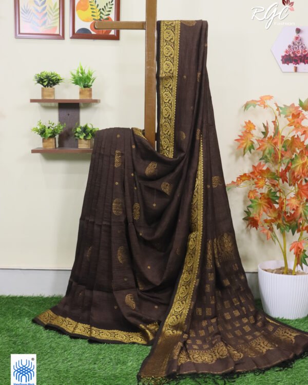 Chocolate Paisley Design Organic Linen Benarasi Saree