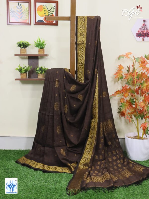 Chocolate Paisley Design Organic Linen Benarasi Saree