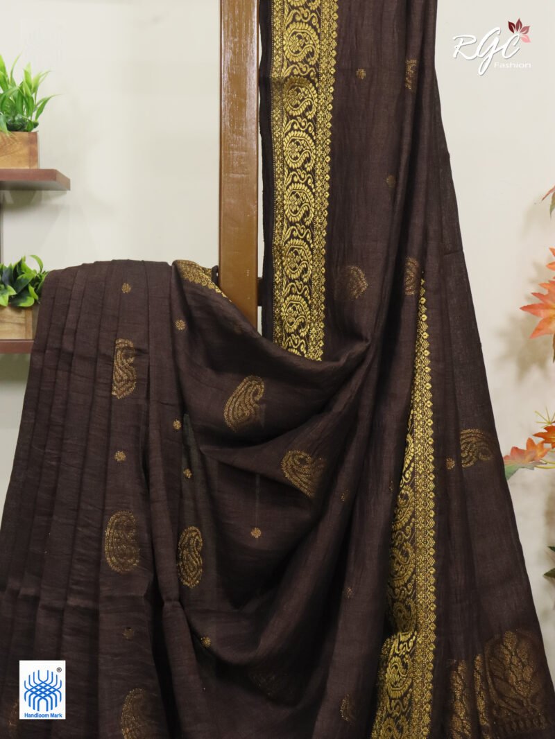 Chocolate Paisley Design Organic Linen Benarasi Saree - Image 7