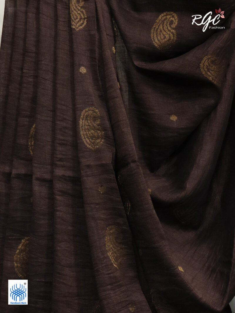 Chocolate Paisley Design Organic Linen Benarasi Saree - Image 6