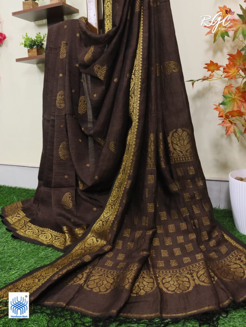 Chocolate Paisley Design Organic Linen Benarasi Saree - Image 4