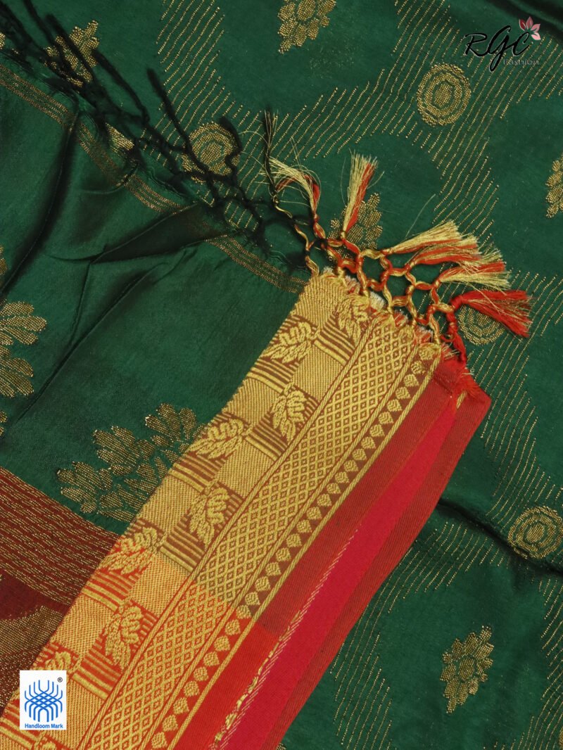 Bottle Green Bengal Katan Silk Zari Emboss Saree - Image 4