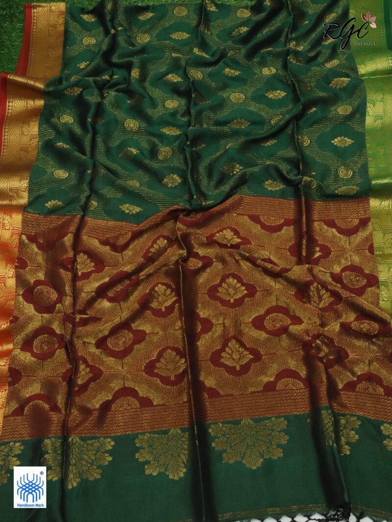 Bottle Green Bengal Katan Silk Zari Emboss Saree - Image 6