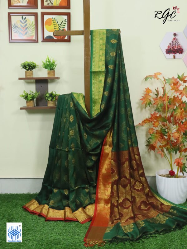 Bottle Green Bengal Handloom Katan Silk Zari Emboss Saree