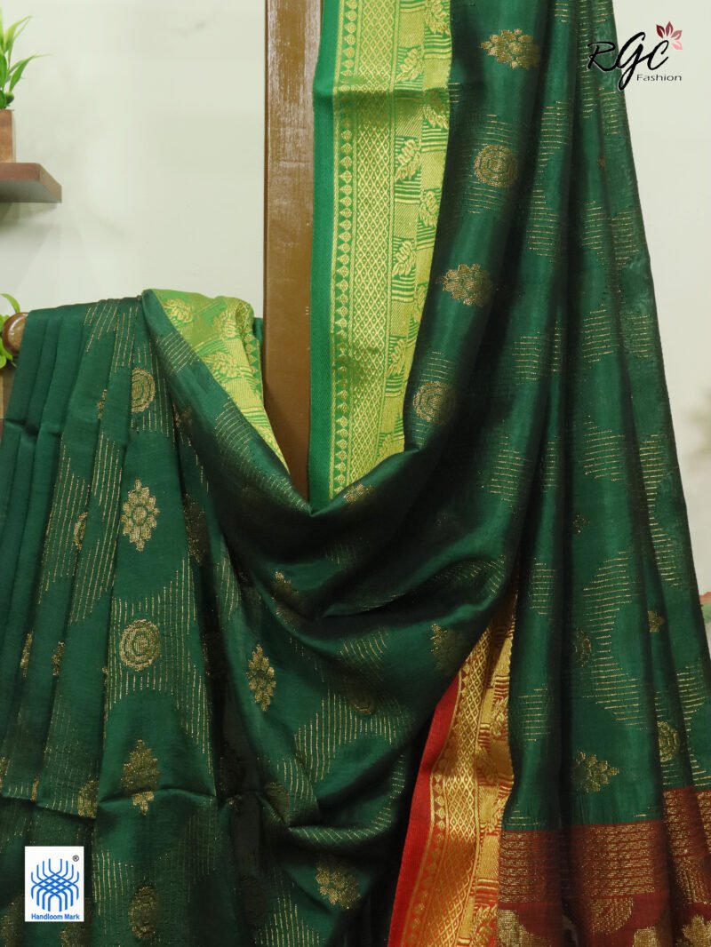 Bottle Green Bengal Katan Silk Zari Emboss Saree - Image 8