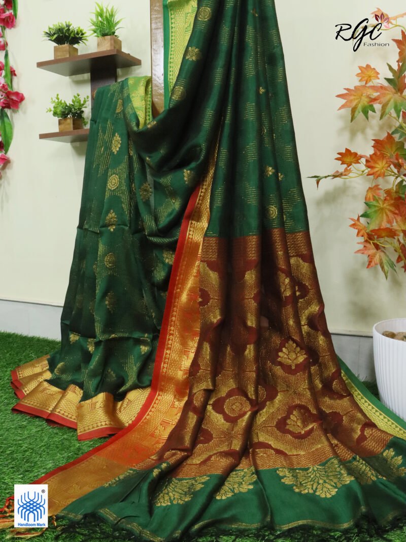 Bottle Green Bengal Katan Silk Zari Emboss Saree - Image 10
