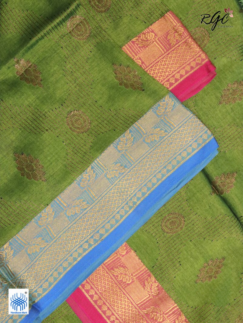 Neon Green Bengal Katan Silk Zari Emboss Saree - Image 3