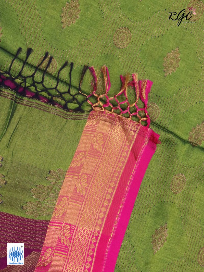 Neon Green Bengal Katan Silk Zari Emboss Saree - Image 4