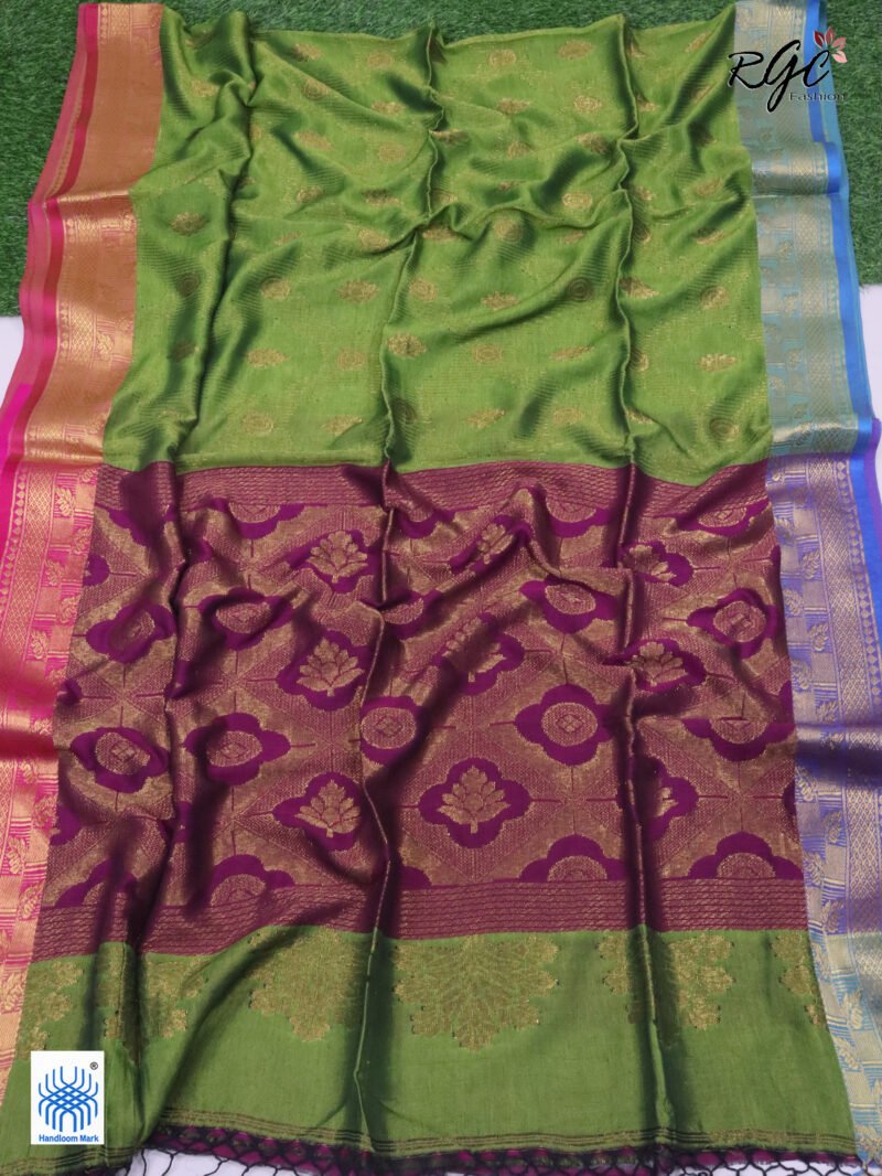 Neon Green Bengal Katan Silk Zari Emboss Saree - Image 6