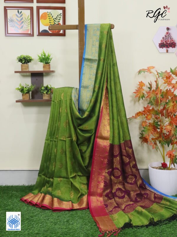 Neon Green Bengal Handloom Katan Silk Zari Emboss Saree