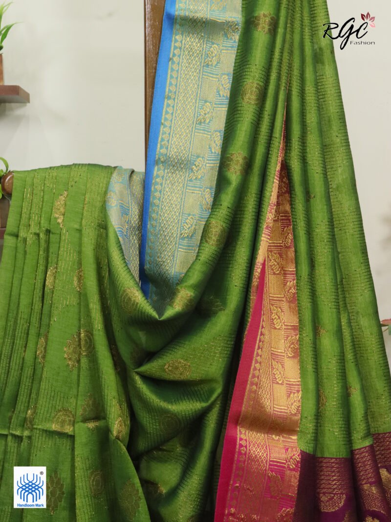 Neon Green Bengal Katan Silk Zari Emboss Saree - Image 8