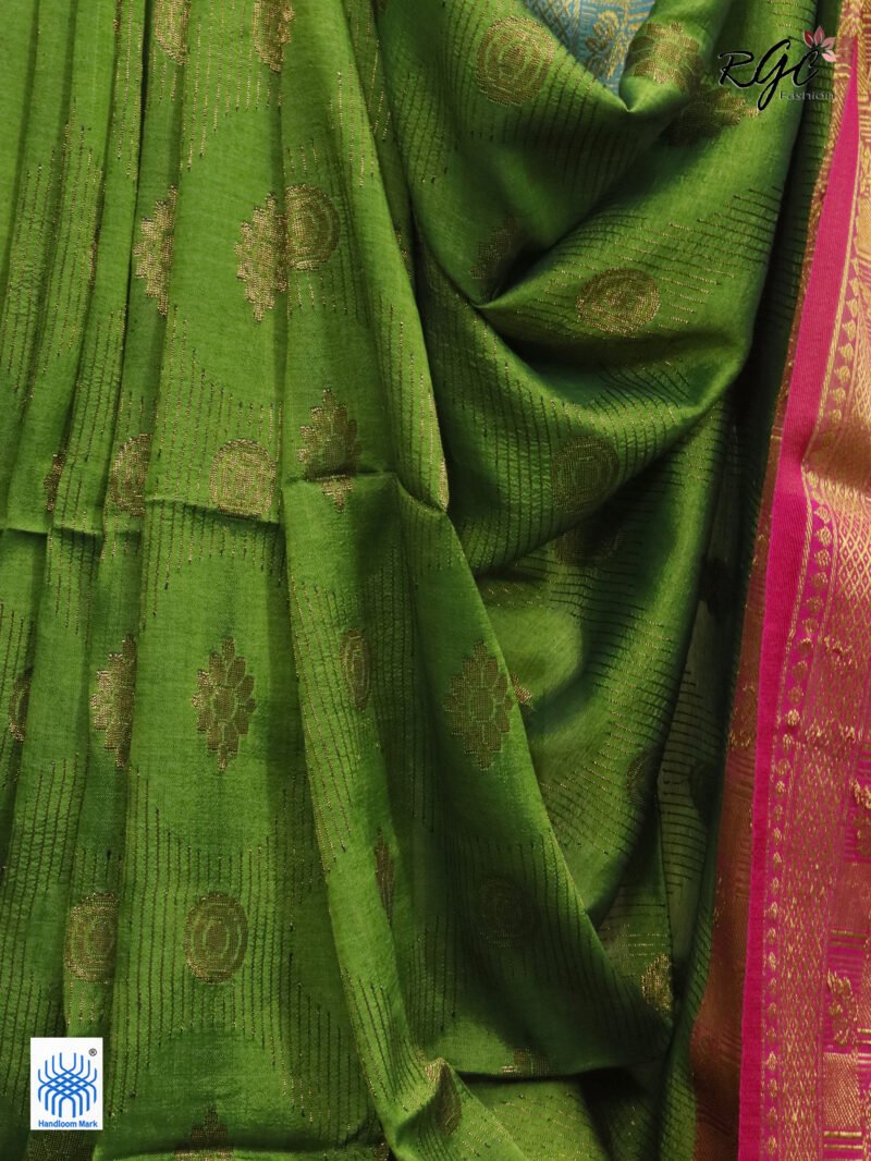 Neon Green Bengal Katan Silk Zari Emboss Saree - Image 9