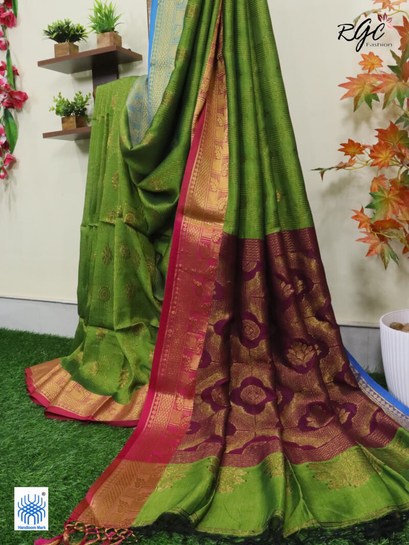 Neon Green Bengal Katan Silk Zari Emboss Saree - Image 10