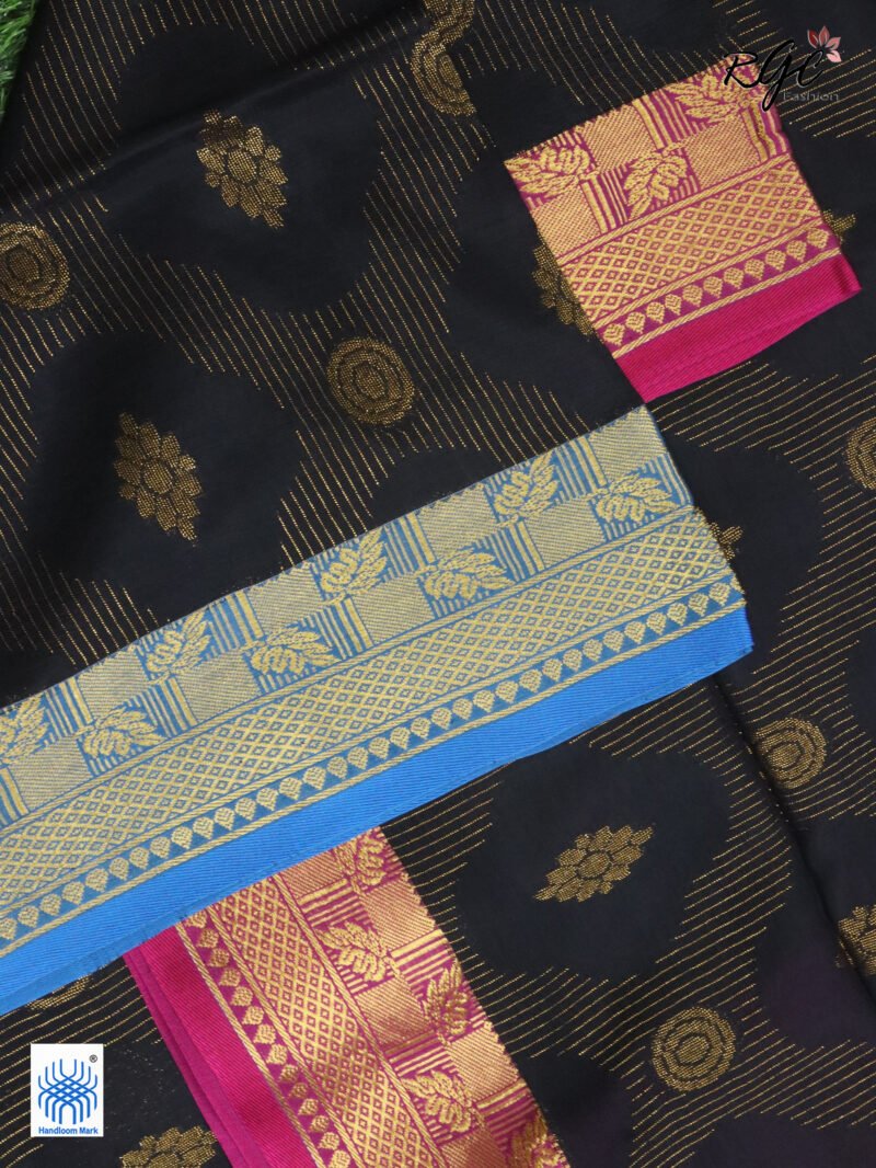 Black Bengal Katan Silk Zari Emboss Saree - Image 3