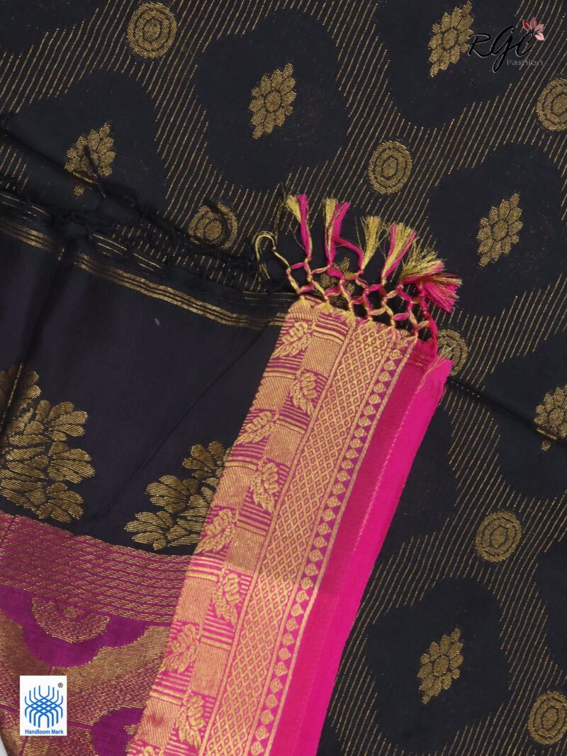 Black Bengal Katan Silk Zari Emboss Saree - Image 4