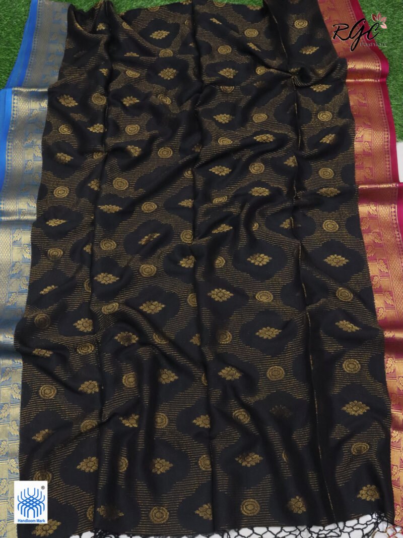 Black Bengal Katan Silk Zari Emboss Saree - Image 5