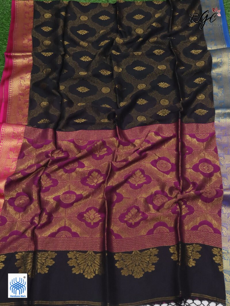 Black Bengal Katan Silk Zari Emboss Saree - Image 6