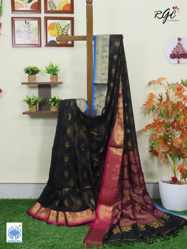 Black Bengal Handloom Katan Silk Zari Emboss Saree