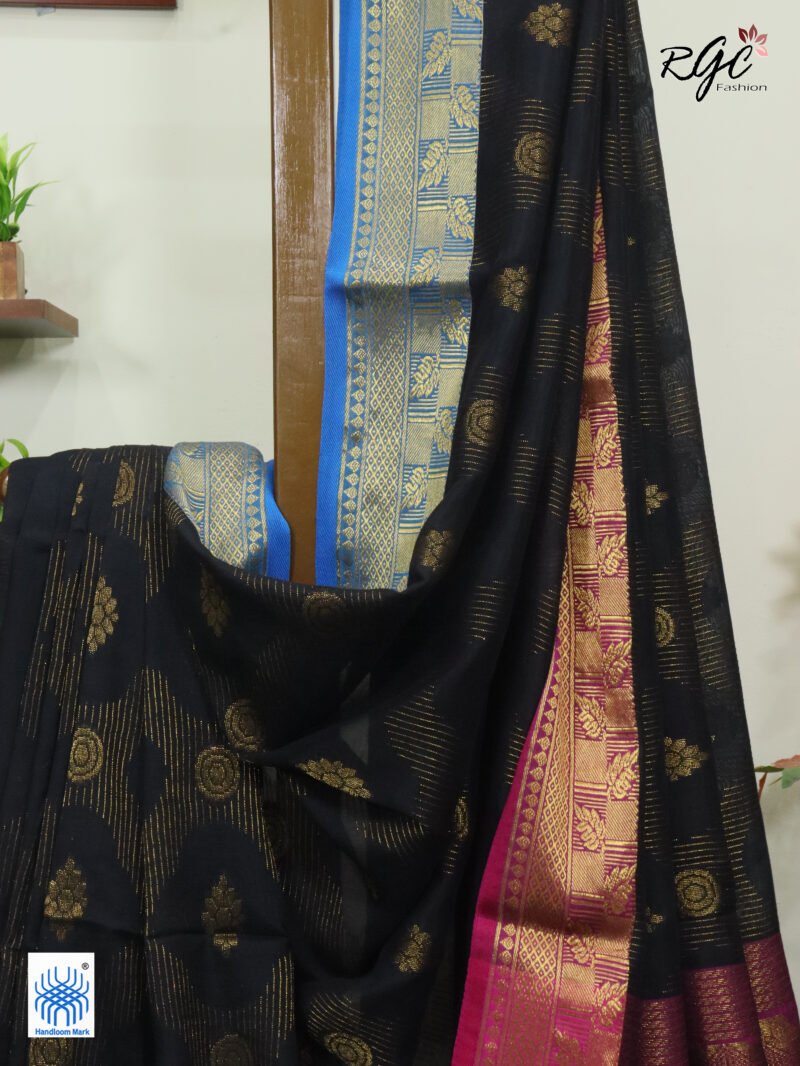 Black Bengal Katan Silk Zari Emboss Saree - Image 8