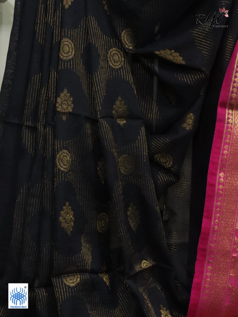Black Bengal Katan Silk Zari Emboss Saree - Image 9